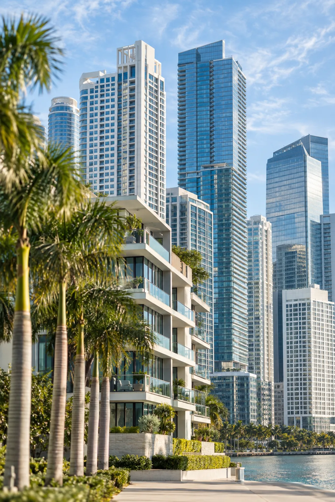 Modern downtown high-rise towers and a mid-rise residential building lined with palm trees